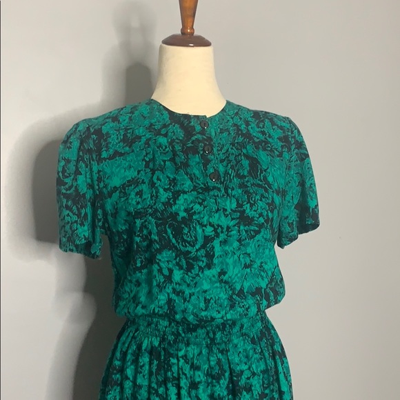 Vintage Green & Black Abstract  Blouson Dress 8 - Picture 2 of 12